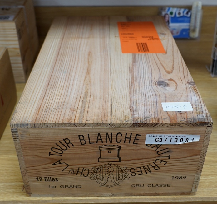 A sealed case of twelve bottles of 1989 Chateau La Tour Blanche, Sauternes, in OWC, purchased en primeur from The Wine Society. Condition - good